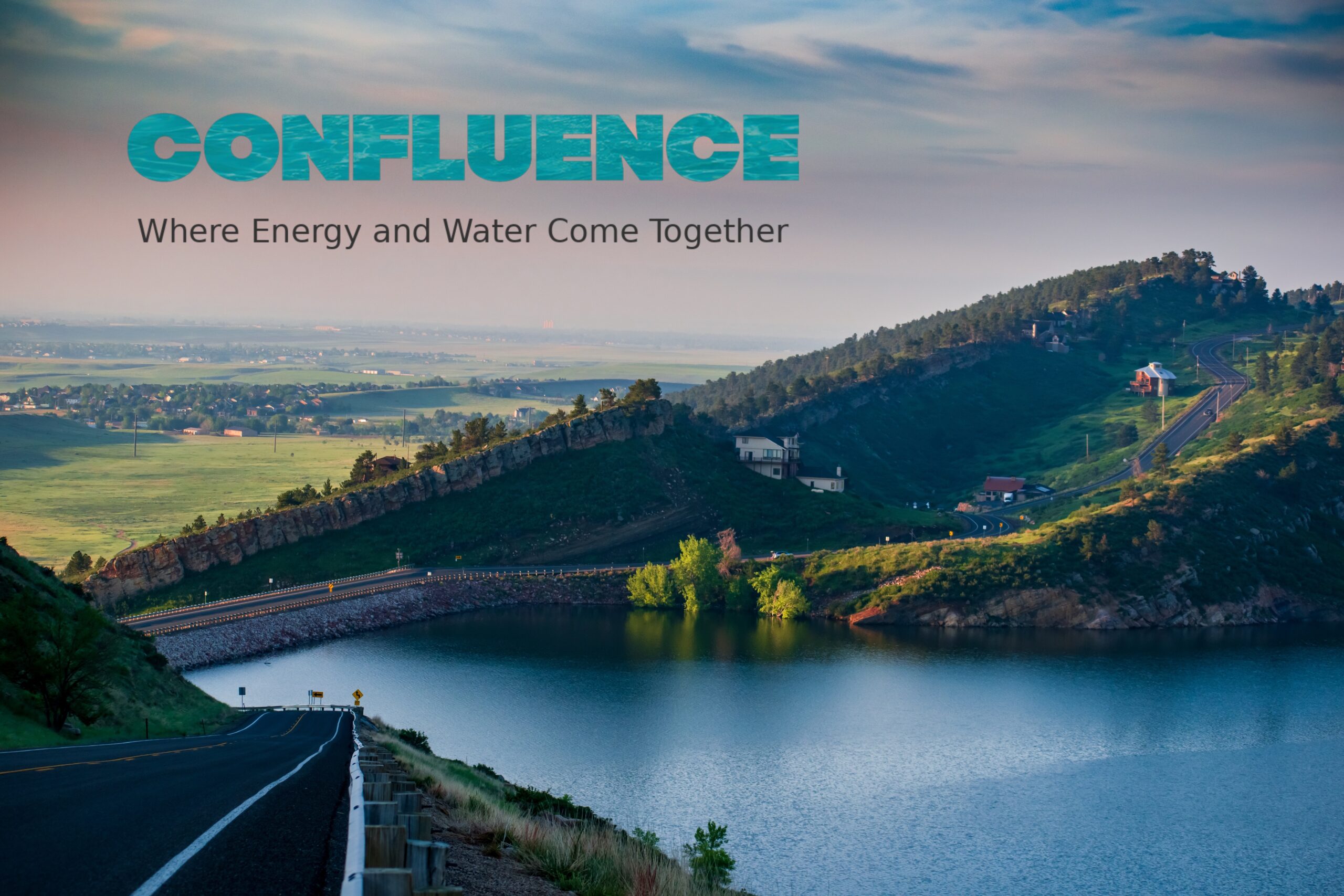 Confluence logo with Horsetooth Reservoir photo.
