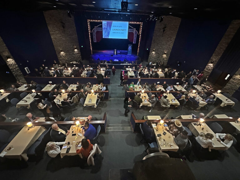 Tables set in the theater before the 2024 Book of Lists Launch Party