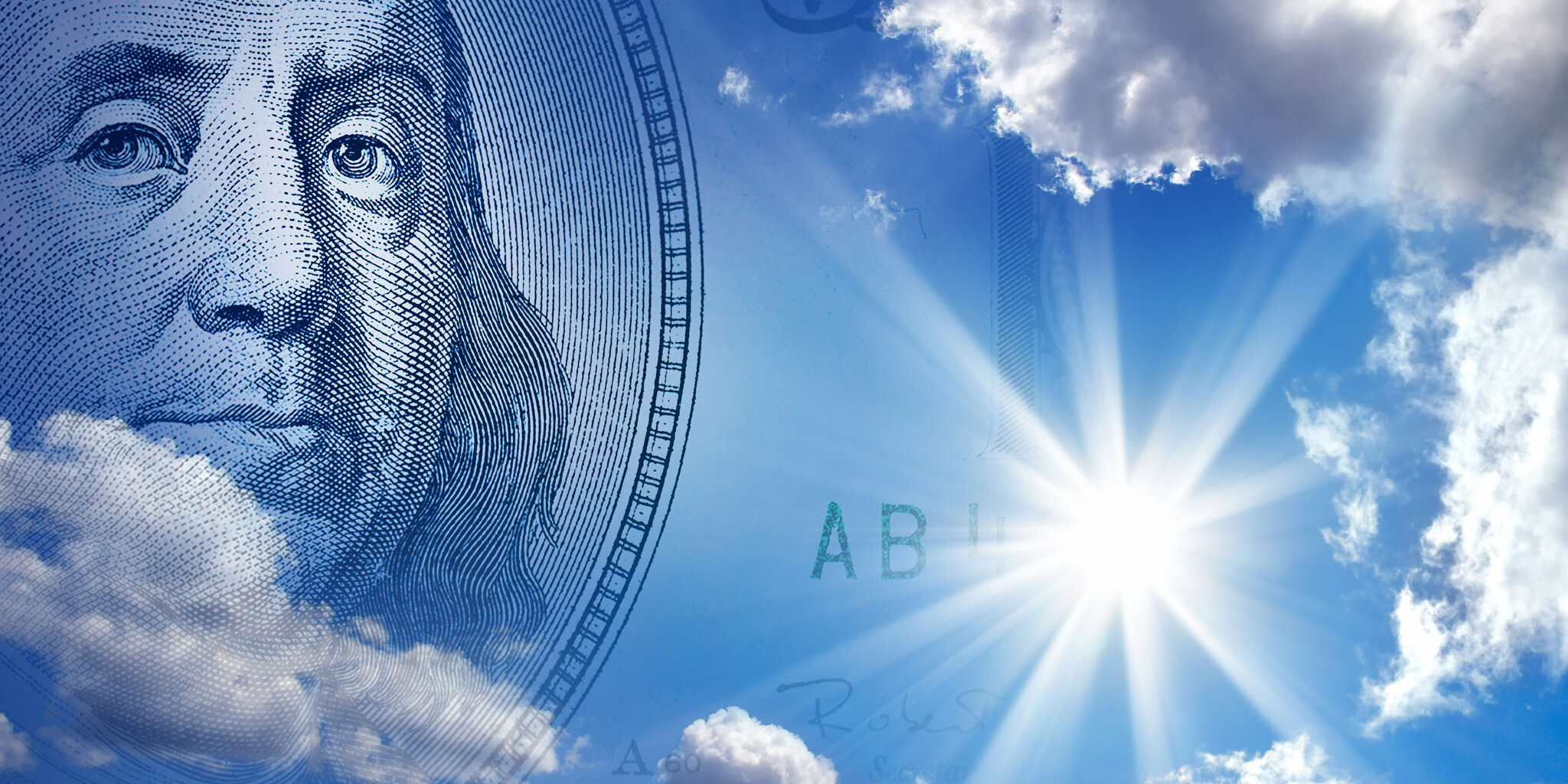 Ben Franklin on a hundred-dollar bill against a sunlit sky, the Mid-Year Economic Forum artwork