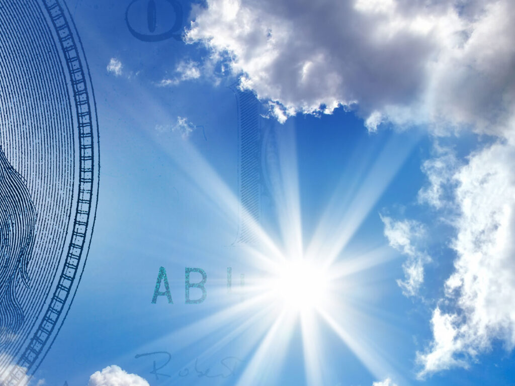 Sunlight breaking through clouds over a hundred-dollar bill, the Mid-Year Economic Forum artwork